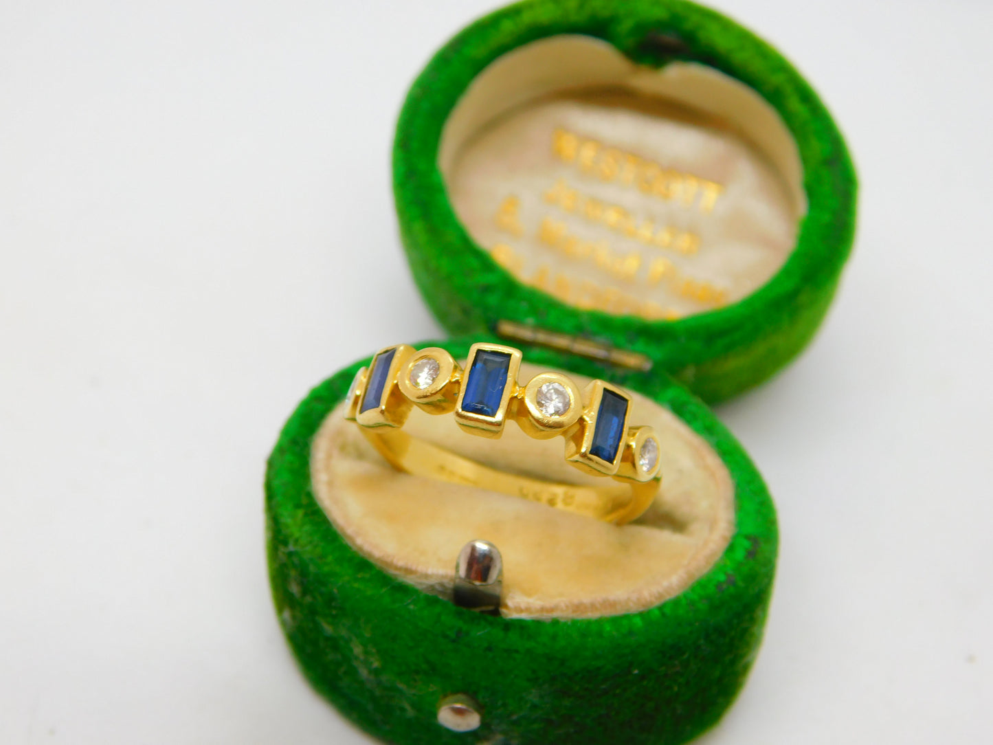 18ct Yellow Gold, Sapphire & Diamond Modernist Band Ring Vintage 1973 London