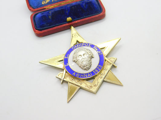 Large Gold on Sterling Silver & Enamel Greek Masonic Medal Antique 1923