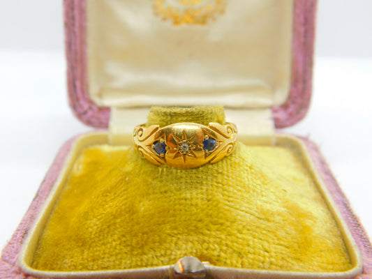 Edwardian 18ct Yellow Gold, Sapphire & Diamond Boat Ring 1904 Chester Antique