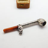 Victorian Sterling Silver Block Amber Smoking Pipe with Monkey Antique c1860