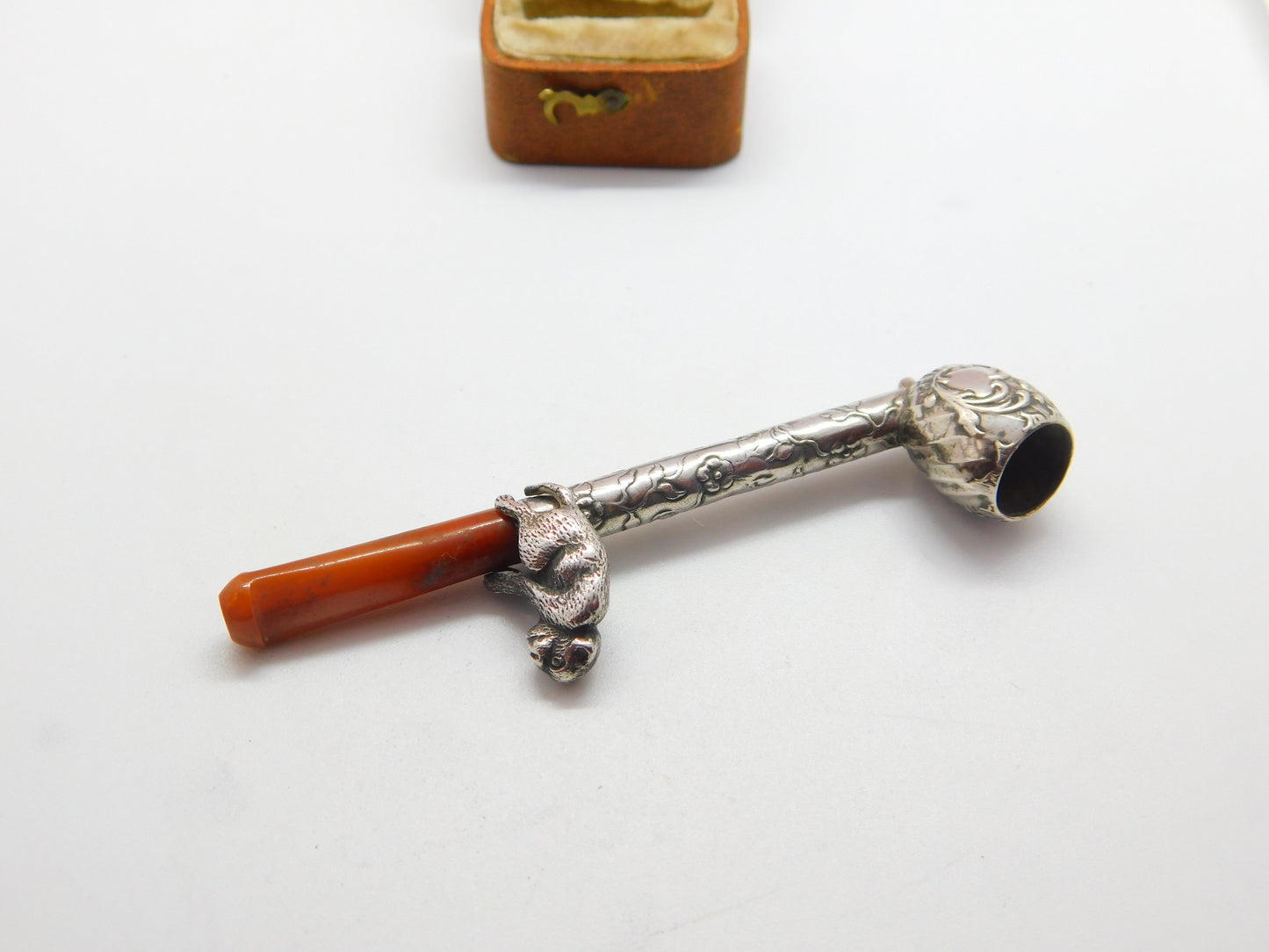 Victorian Sterling Silver Block Amber Smoking Pipe with Monkey Antique c1860