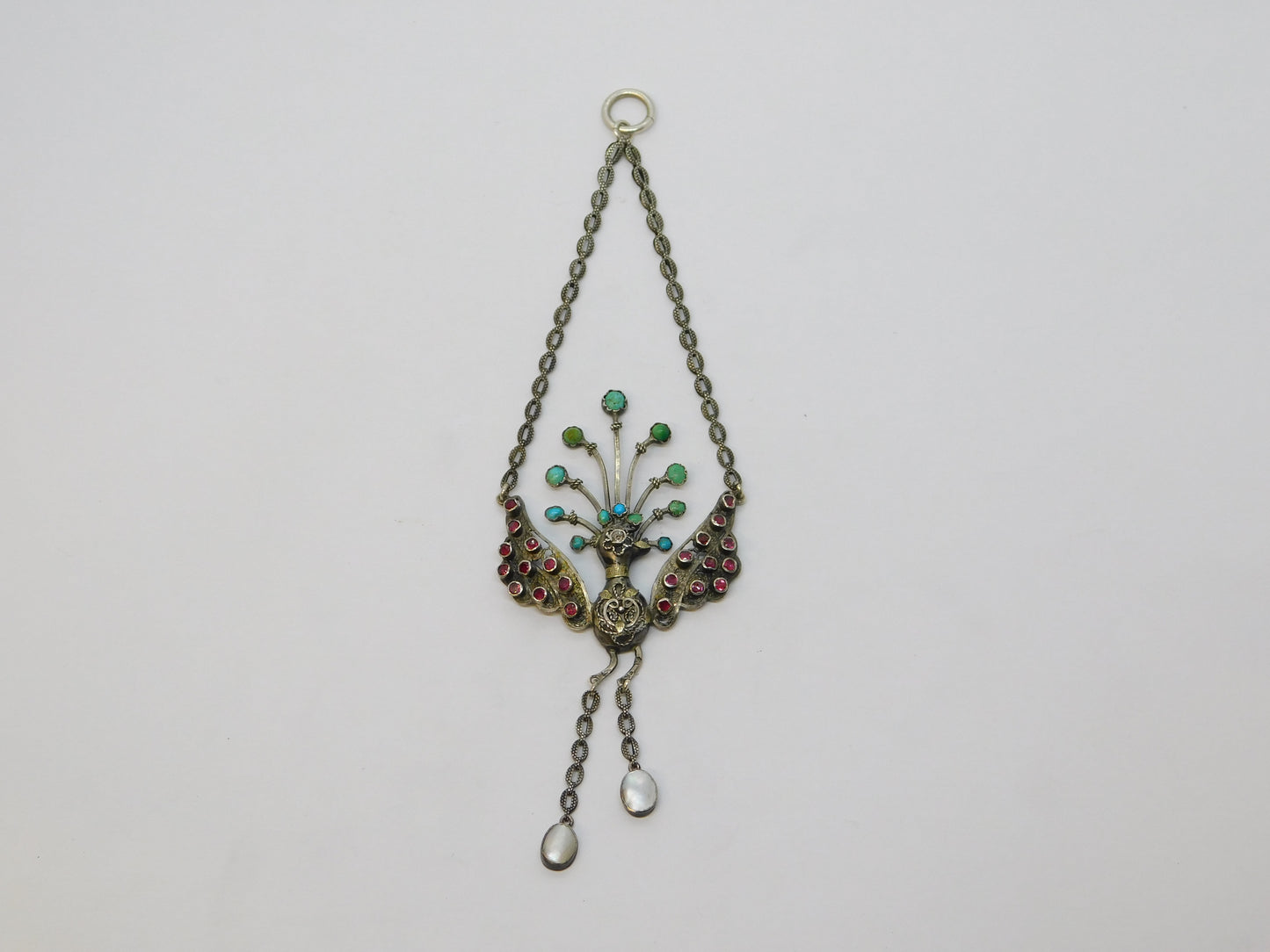 19th Century Austro-Hungarian Silver, Ruby, Diamond, Turquoise & Pearl Peacock Drop Pendant c1860