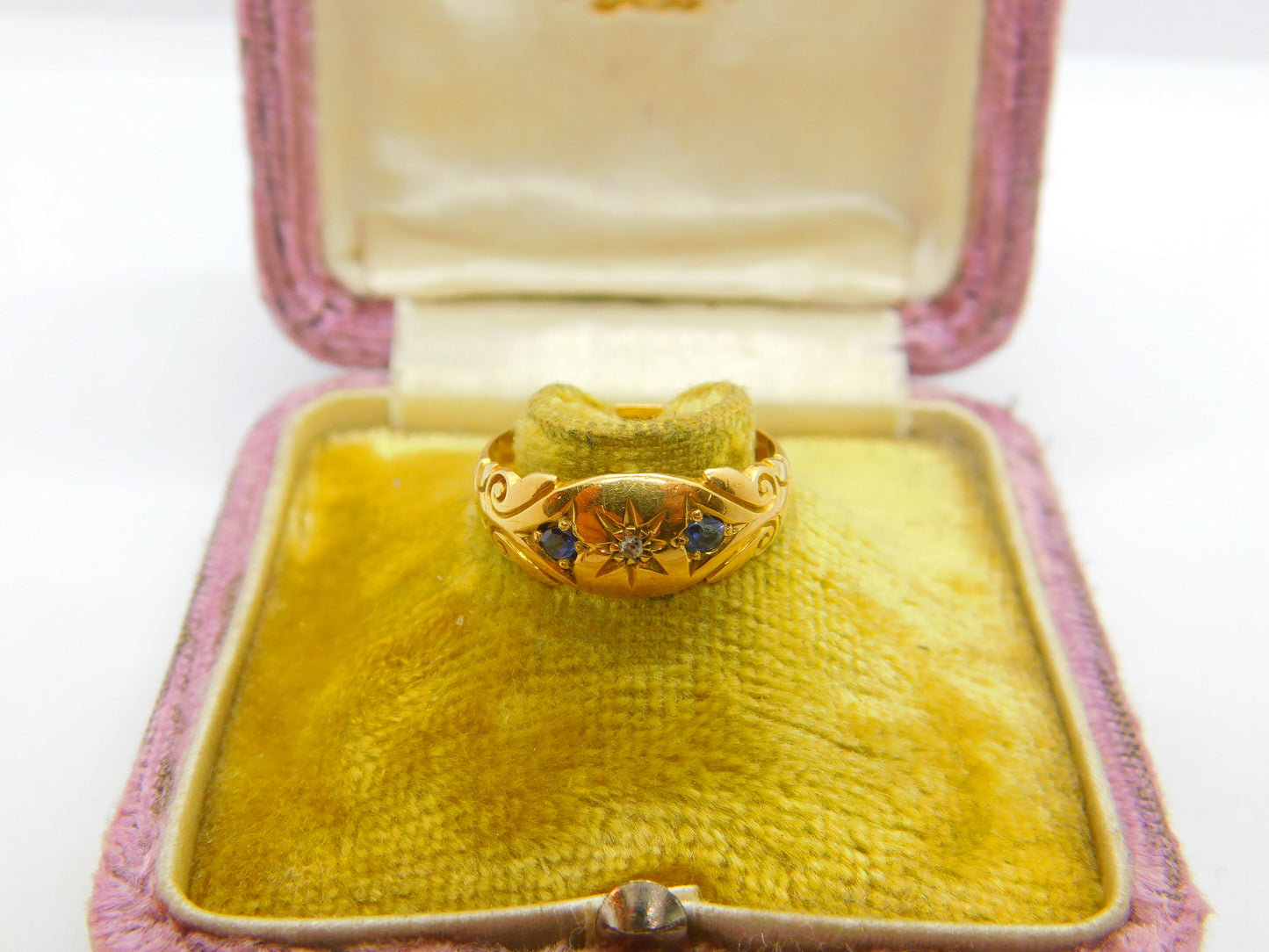 Edwardian 18ct Yellow Gold, Sapphire & Diamond Boat Ring 1904 Chester Antique