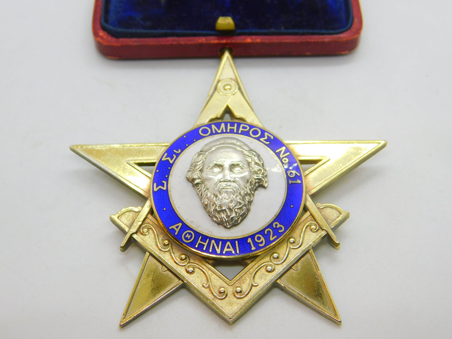 Large Gold on Sterling Silver & Enamel Greek Masonic Medal Antique 1923