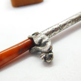 Victorian Sterling Silver Block Amber Smoking Pipe with Monkey Antique c1860