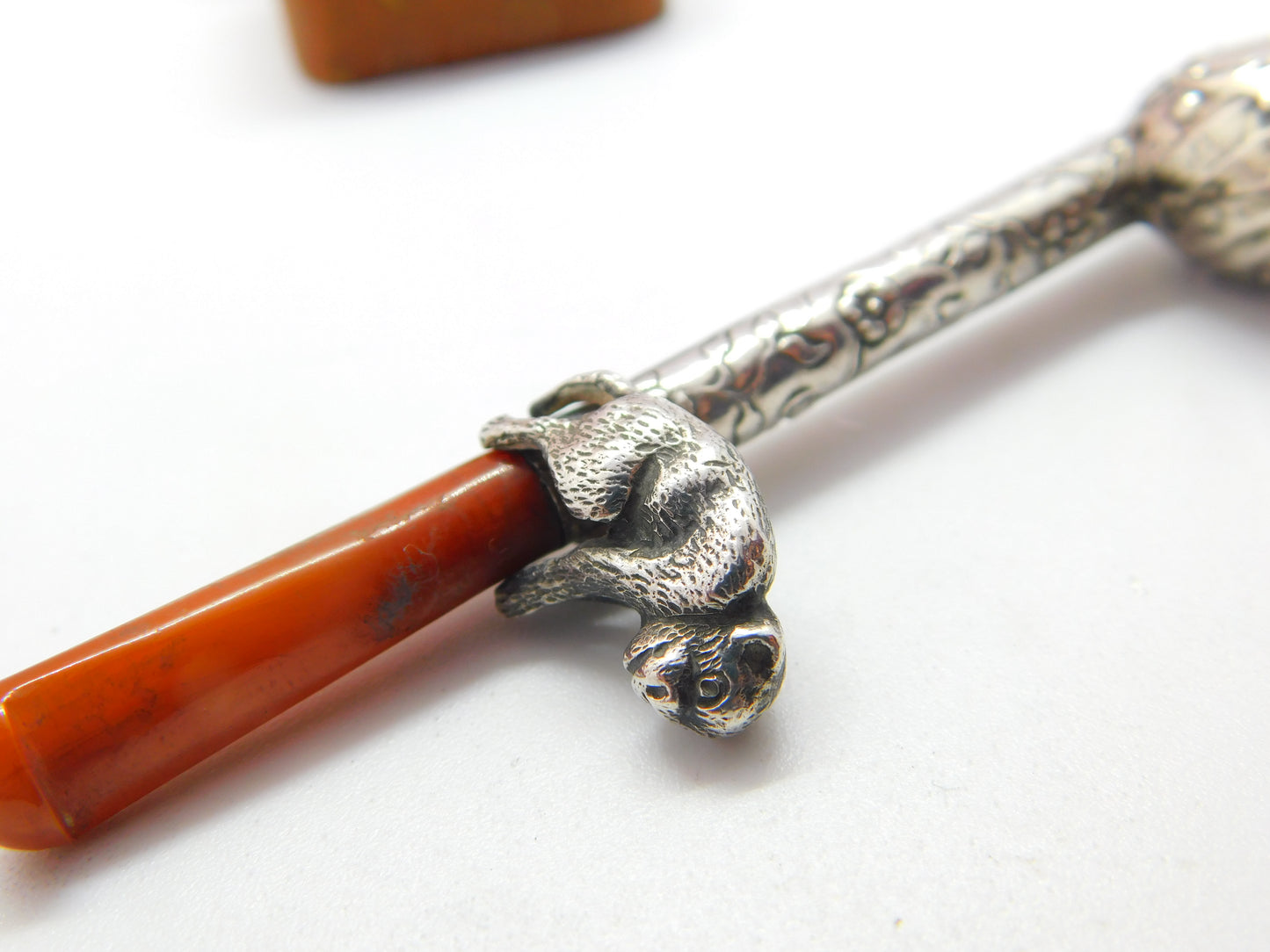 Victorian Sterling Silver Block Amber Smoking Pipe with Monkey Antique c1860