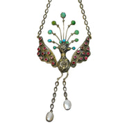 19th Century Austro-Hungarian Silver, Ruby, Diamond, Turquoise & Pearl Peacock Drop Pendant c1860