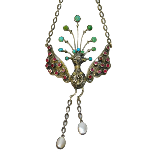 19th Century Austro-Hungarian Silver, Ruby, Diamond, Turquoise & Pearl Peacock Drop Pendant c1860
