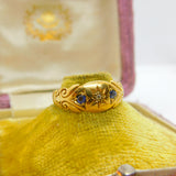 Edwardian 18ct Yellow Gold, Sapphire & Diamond Boat Ring 1904 Chester Antique