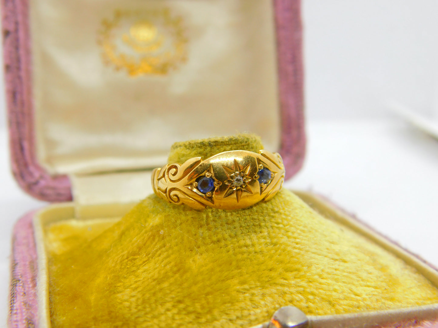 Edwardian 18ct Yellow Gold, Sapphire & Diamond Boat Ring 1904 Chester Antique