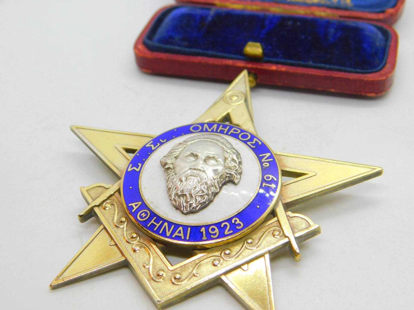 Large Gold on Sterling Silver & Enamel Greek Masonic Medal Antique 1923