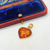 9ct Yellow Gold & Orange Amber Heart Pendant Vintage c1990 London