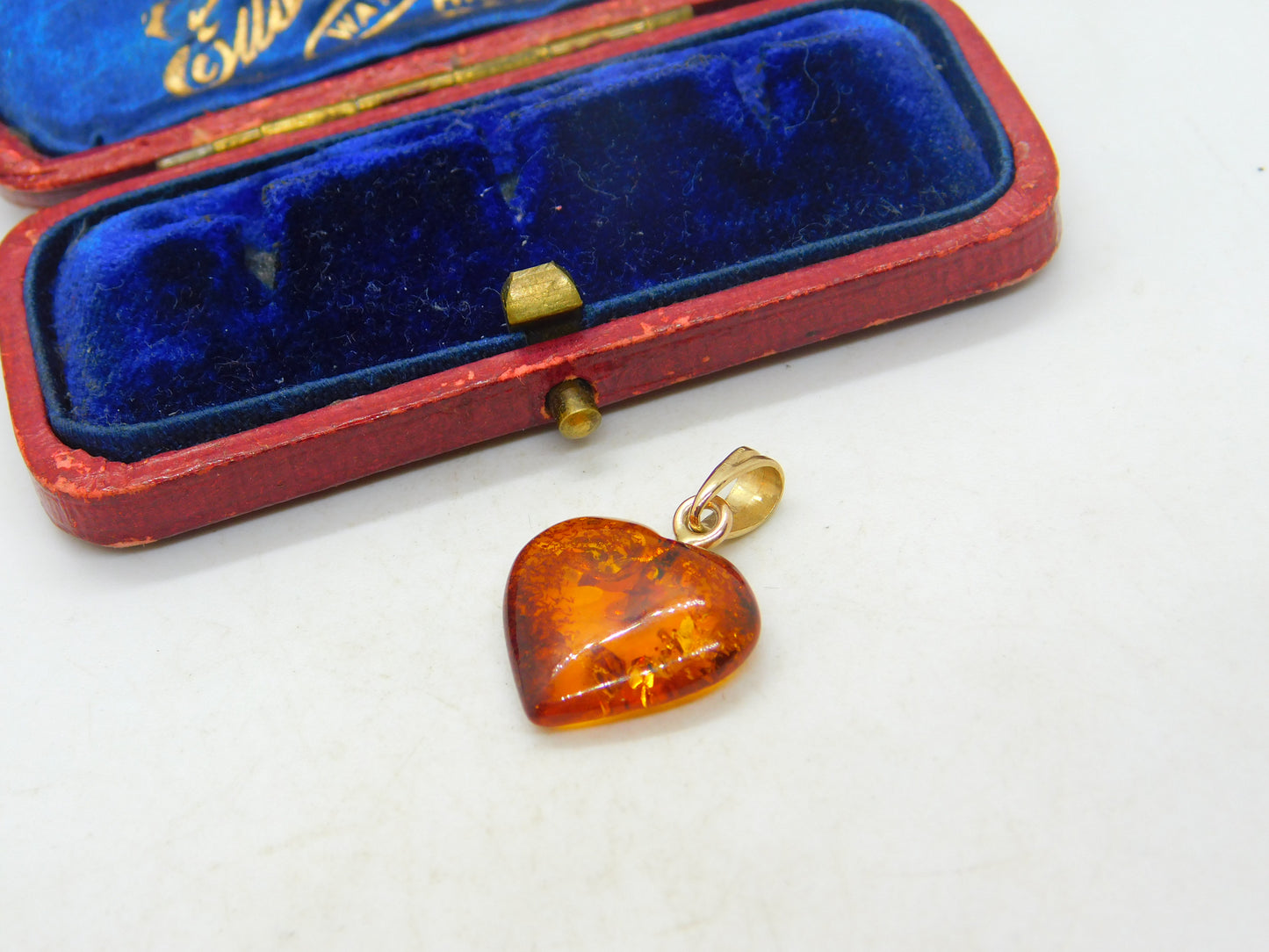 9ct Yellow Gold & Orange Amber Heart Pendant Vintage c1990 London