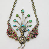 19th Century Austro-Hungarian Silver, Ruby, Diamond, Turquoise & Pearl Peacock Drop Pendant c1860