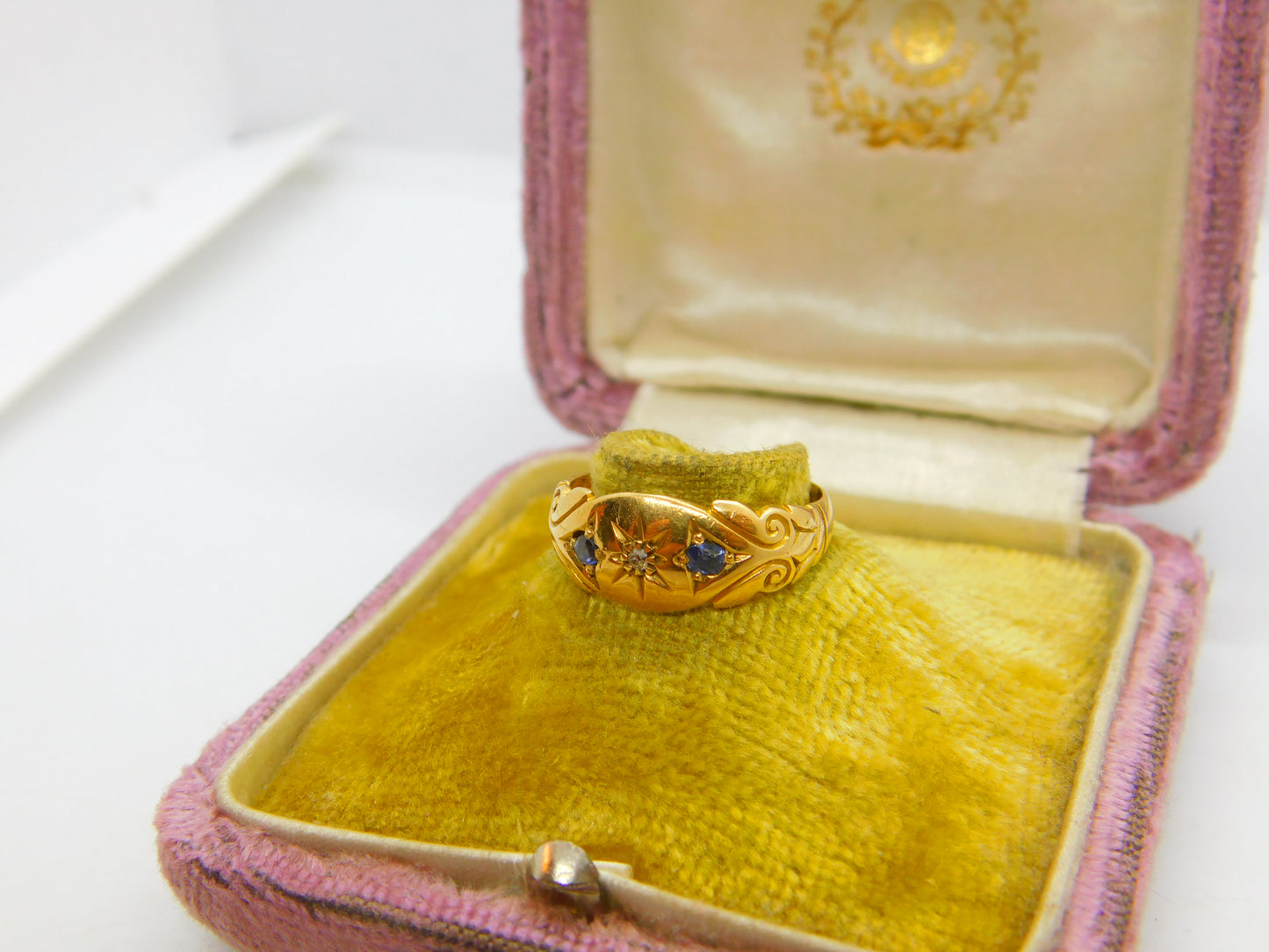 Edwardian 18ct Yellow Gold, Sapphire & Diamond Boat Ring 1904 Chester Antique