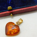 9ct Yellow Gold & Orange Amber Heart Pendant Vintage c1990 London