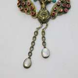 19th Century Austro-Hungarian Silver, Ruby, Diamond, Turquoise & Pearl Peacock Drop Pendant c1860