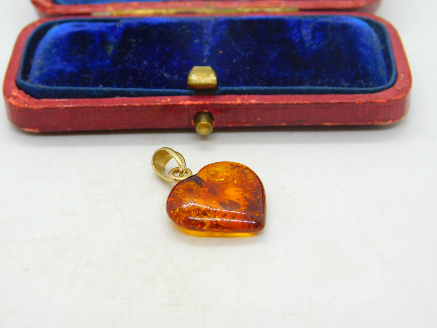 9ct Yellow Gold & Orange Amber Heart Pendant Vintage c1990 London