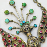 19th Century Austro-Hungarian Silver, Ruby, Diamond, Turquoise & Pearl Peacock Drop Pendant c1860