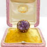 9ct Yellow Gold & Natural Amethyst Geode Set Statement Ring Vintage c1970 London