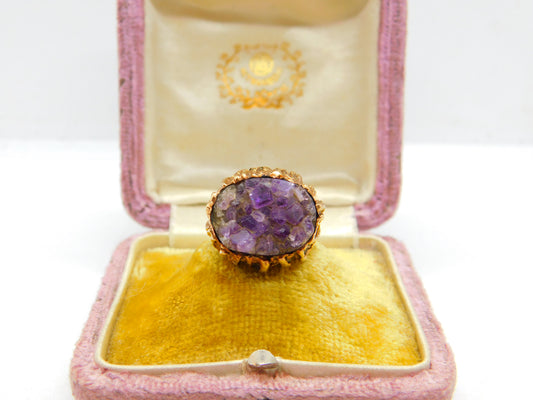 9ct Yellow Gold & Natural Amethyst Geode Set Statement Ring Vintage c1970 London