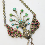19th Century Austro-Hungarian Silver, Ruby, Diamond, Turquoise & Pearl Peacock Drop Pendant c1860