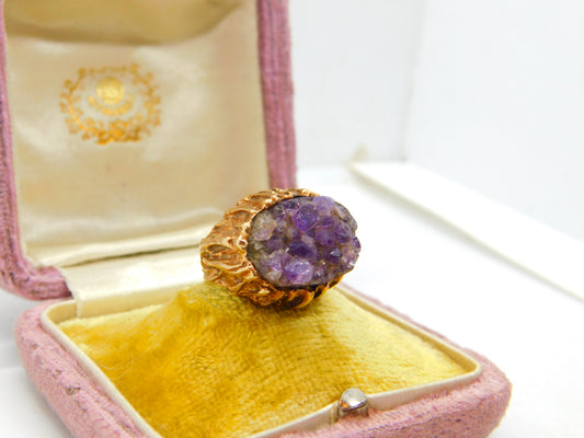 9ct Yellow Gold & Natural Amethyst Geode Set Statement Ring Vintage c1970 London