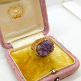 9ct Yellow Gold & Natural Amethyst Geode Set Statement Ring Vintage c1970 London