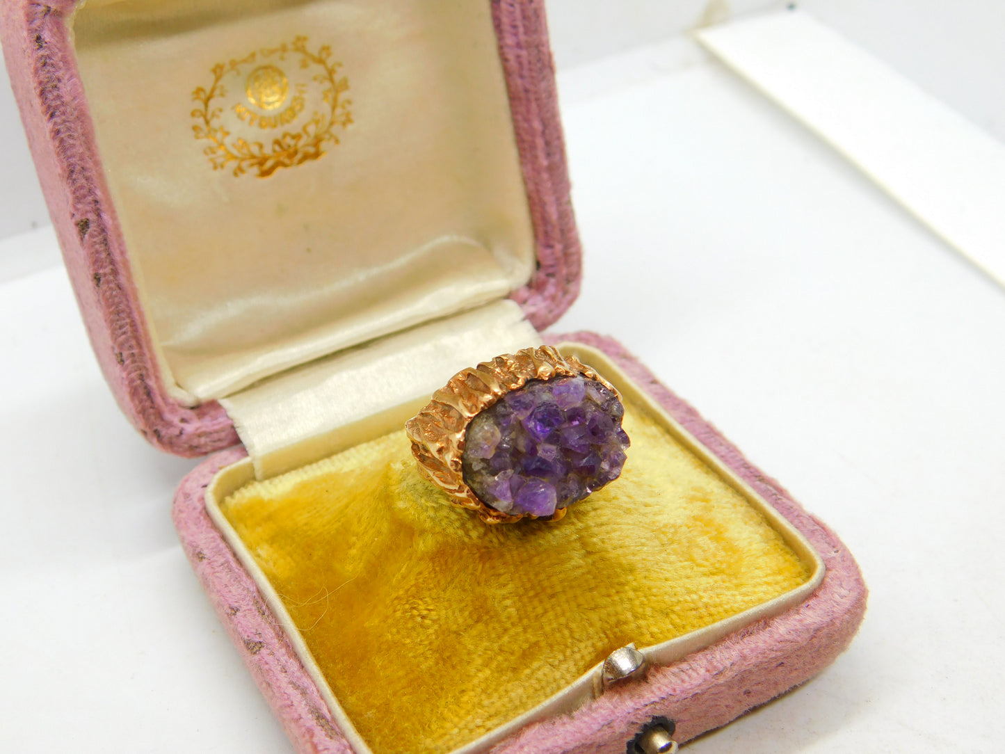 9ct Yellow Gold & Natural Amethyst Geode Set Statement Ring Vintage c1970 London