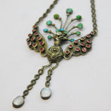 19th Century Austro-Hungarian Silver, Ruby, Diamond, Turquoise & Pearl Peacock Drop Pendant c1860