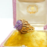 9ct Yellow Gold & Natural Amethyst Geode Set Statement Ring Vintage c1970 London