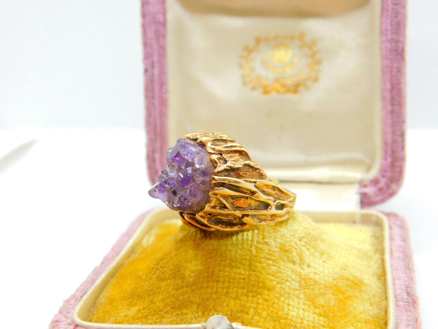 9ct Yellow Gold & Natural Amethyst Geode Set Statement Ring Vintage c1970 London