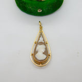 9ct Yellow Gold Carved Shell Flower Over Cameo Drop Pendant Antique c1930