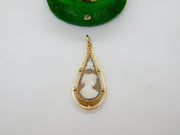 9ct Yellow Gold Carved Shell Flower Over Cameo Drop Pendant Antique c1930