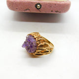 9ct Yellow Gold & Natural Amethyst Geode Set Statement Ring Vintage c1970 London