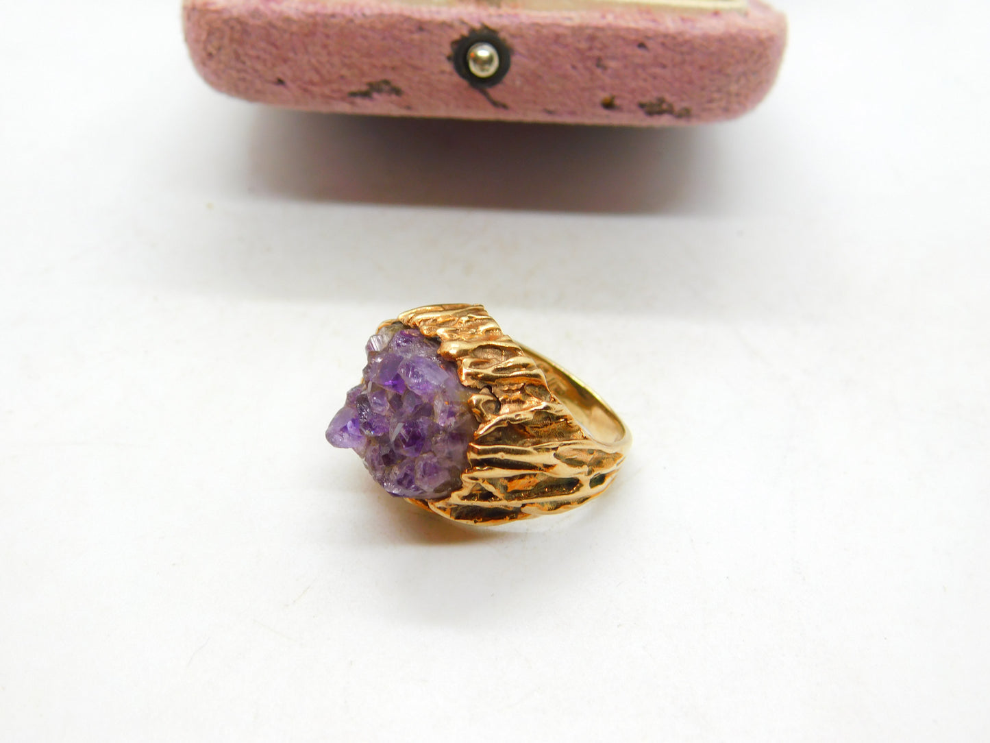 9ct Yellow Gold & Natural Amethyst Geode Set Statement Ring Vintage c1970 London