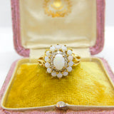 9ct Yellow Gold, Cabochon Opal & Spinel Floral Cluster Ring 2001 Birmingham