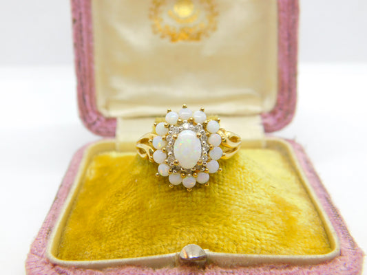 9ct Yellow Gold, Cabochon Opal & Spinel Floral Cluster Ring 2001 Birmingham