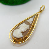 9ct Yellow Gold Carved Shell Flower Over Cameo Drop Pendant Antique c1930