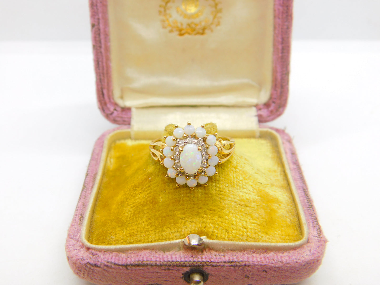 9ct Yellow Gold, Cabochon Opal & Spinel Floral Cluster Ring 2001 Birmingham