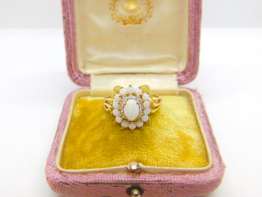 9ct Yellow Gold, Cabochon Opal & Spinel Floral Cluster Ring 2001 Birmingham