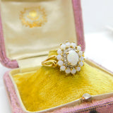 9ct Yellow Gold, Cabochon Opal & Spinel Floral Cluster Ring 2001 Birmingham