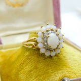 9ct Yellow Gold, Cabochon Opal & Spinel Floral Cluster Ring 2001 Birmingham