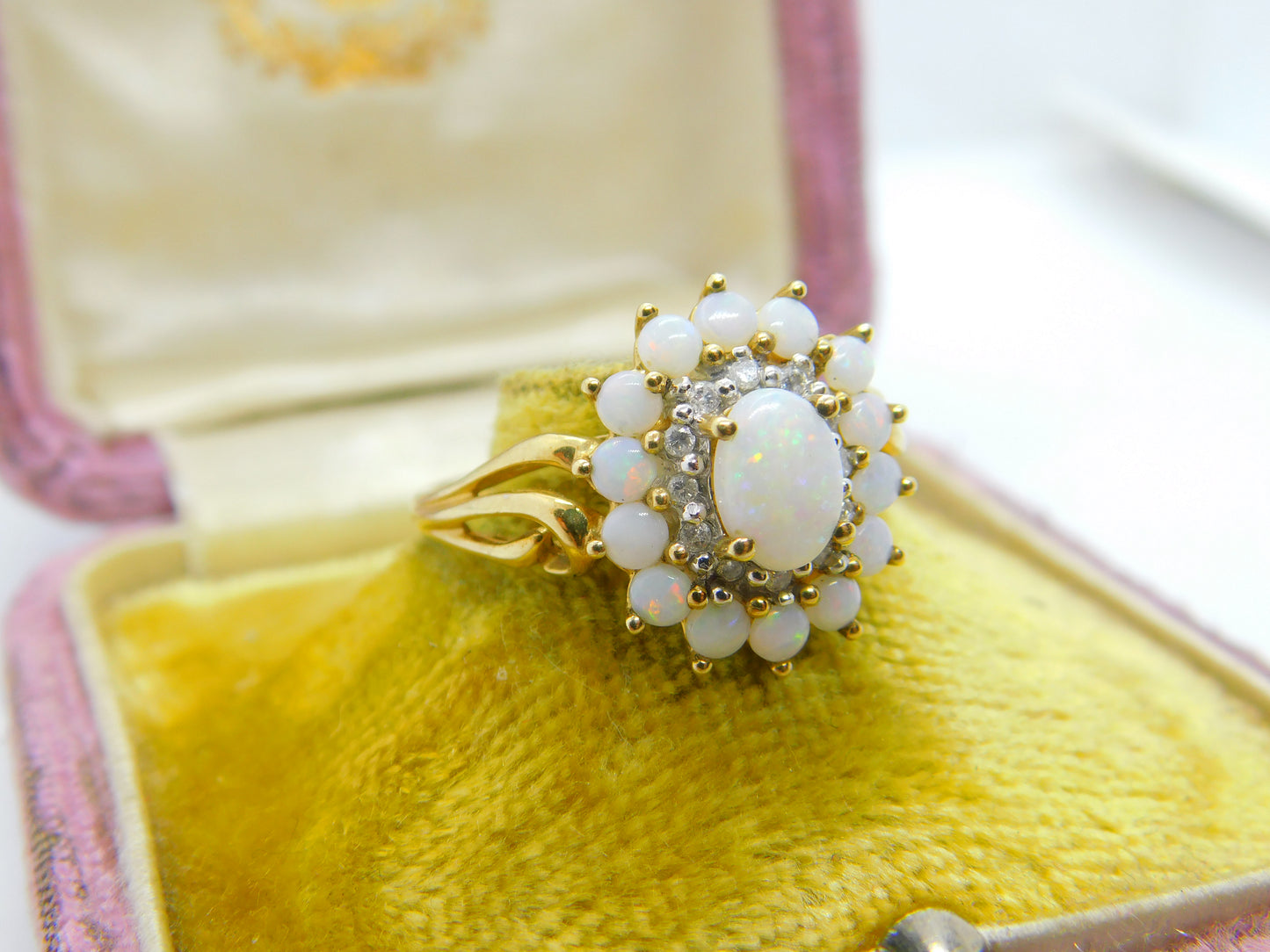 9ct Yellow Gold, Cabochon Opal & Spinel Floral Cluster Ring 2001 Birmingham