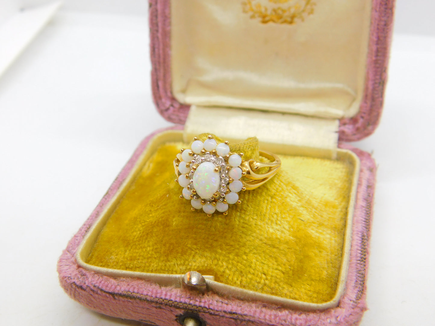 9ct Yellow Gold, Cabochon Opal & Spinel Floral Cluster Ring 2001 Birmingham