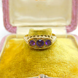 9ct Yellow Gold & Amethyst Set Three Stone Boat Ring 1999 Birmingham Vintage