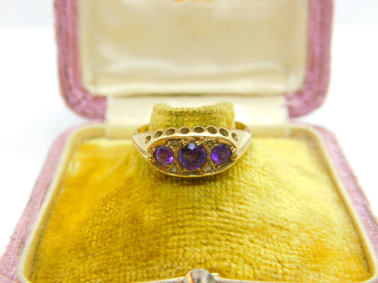 9ct Yellow Gold & Amethyst Set Three Stone Boat Ring 1999 Birmingham Vintage