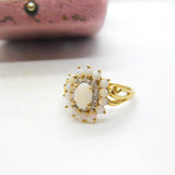9ct Yellow Gold, Cabochon Opal & Spinel Floral Cluster Ring 2001 Birmingham
