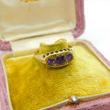 9ct Yellow Gold & Amethyst Set Three Stone Boat Ring 1999 Birmingham Vintage