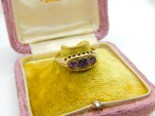 9ct Yellow Gold & Amethyst Set Three Stone Boat Ring 1999 Birmingham Vintage